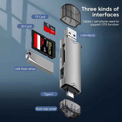 6-in-1 Kartenleser USB 3.0 Speicherkartenleser Typ-C Micro USB SD TF OTG Grau - DREIKS