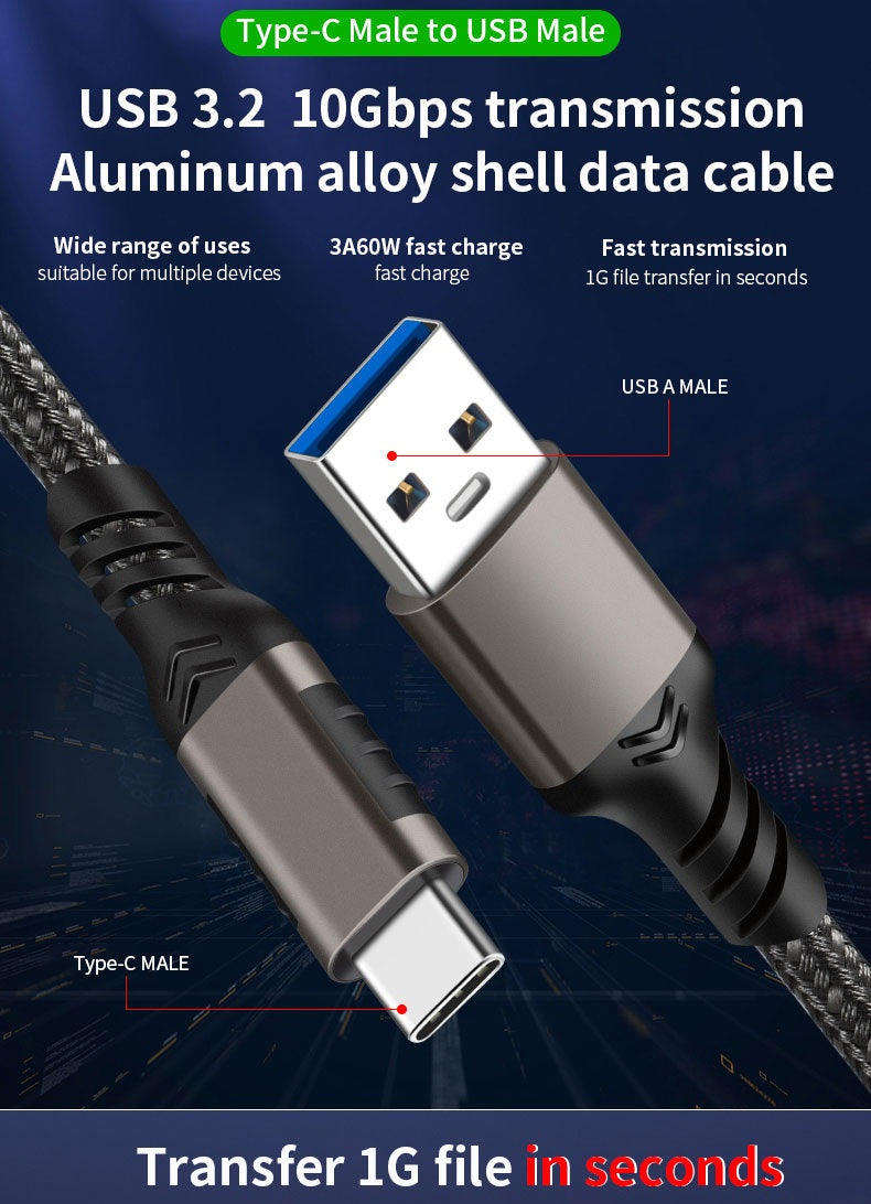 USB-A Male to USB-C Male Cable 10Gbps USB 3.2 Quick Charge QC 60W 3A