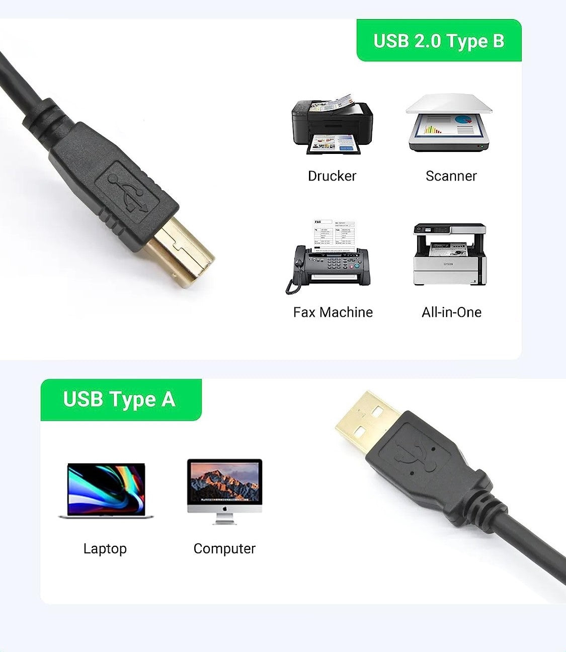 Printer Cable USB 2.0 Scanner Cable USB-A Male to USB-B Male Cable 3m Gold Plated