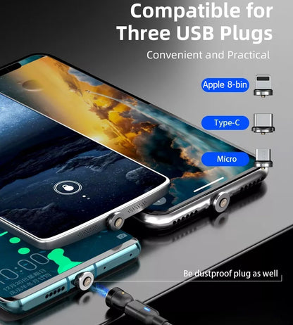 3-in-1 Magnetic USB Cable USB-A to 8-Pin iPhone USB-C Micro USB 540° Rotation