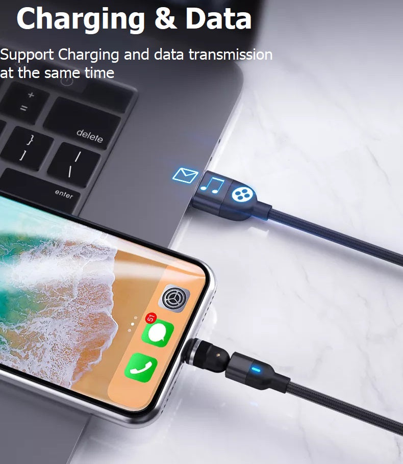 3-in-1 Magnetic USB Cable USB-A to 8-Pin iPhone USB-C Micro USB 540° Rotation