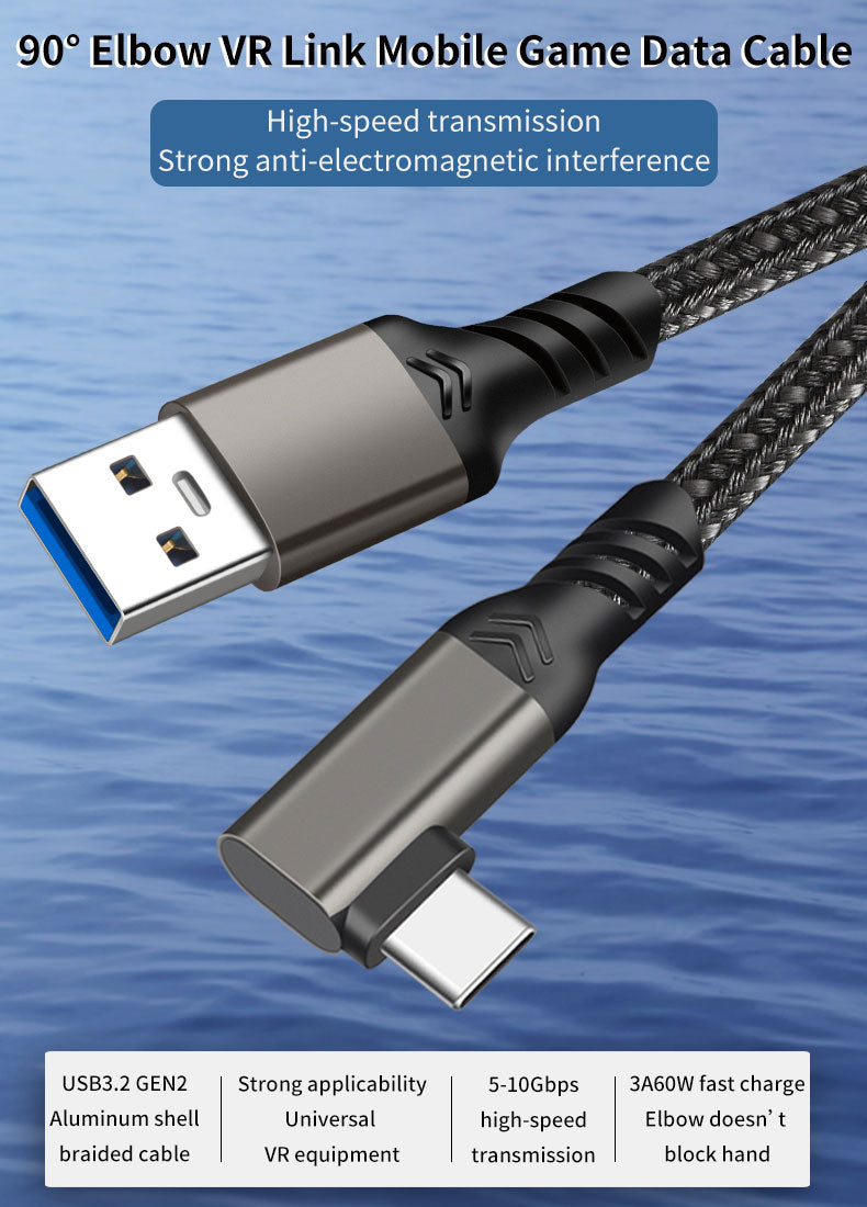 90° USB-A Male to USB-C Male Cable 10Gbps USB 3.2 Quick Charge QC 60W 3A