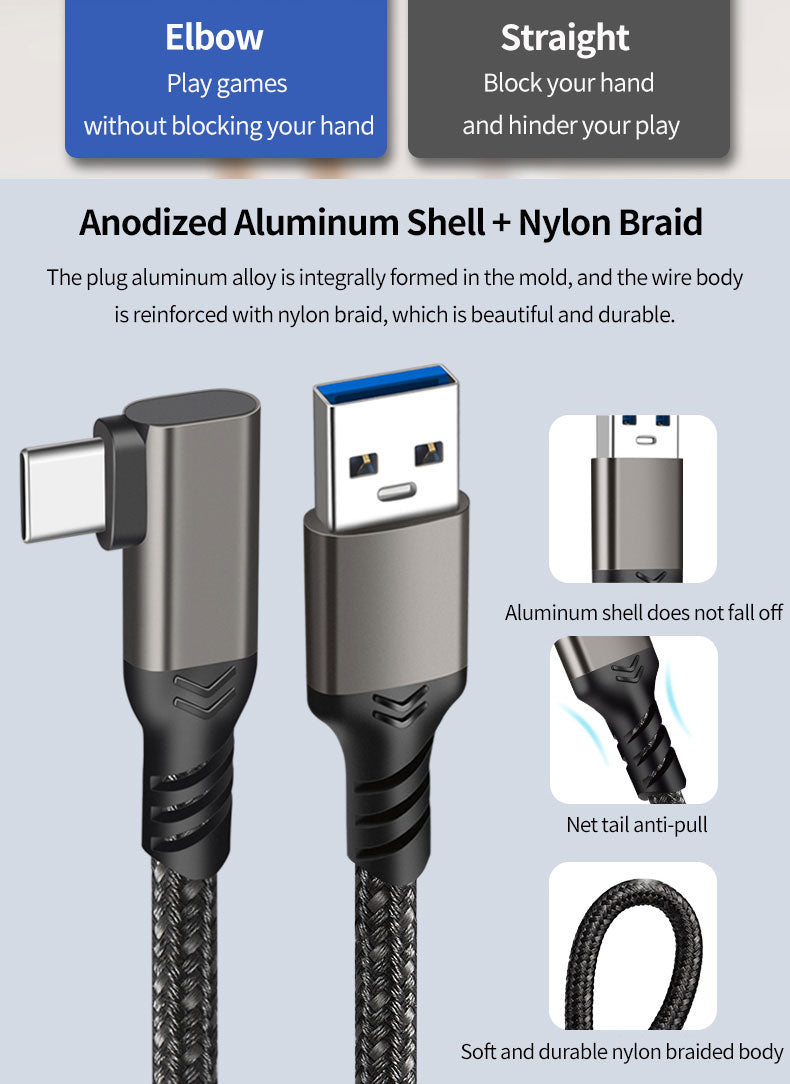 90° USB-A Male to USB-C Male Cable 10Gbps USB 3.2 Quick Charge QC 60W 3A