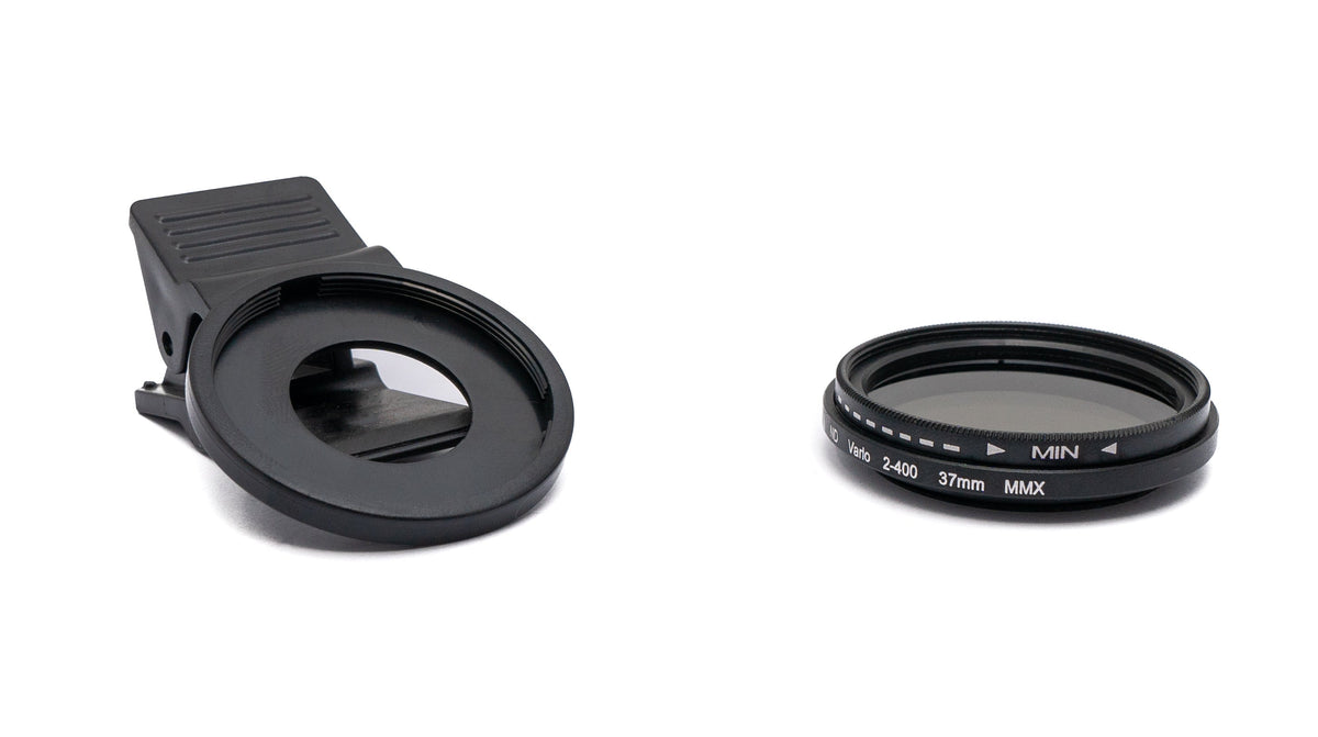 ND Vario Filter 37 mm 2 bis 400 Grau Linse mit Clip für Smartphones in Schwarz | System-S