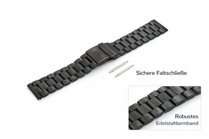 SYSTEM-S 22mm Edelstahl-Uhrenarmband – Schwarz – mit Faltschließe und Federstegen - DREIKS