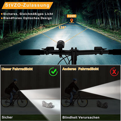 LED-Fahrradbeleuchtungsset USB wiederaufladbar StVZO 30/15 Lux synthetisches Frontlicht