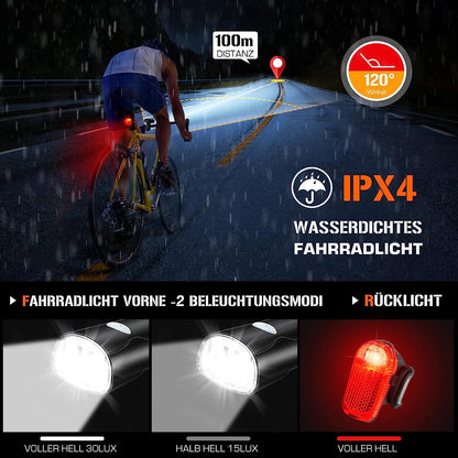 LED-Fahrradbeleuchtungsset USB wiederaufladbar StVZO 30/15 Lux synthetisches Frontlicht