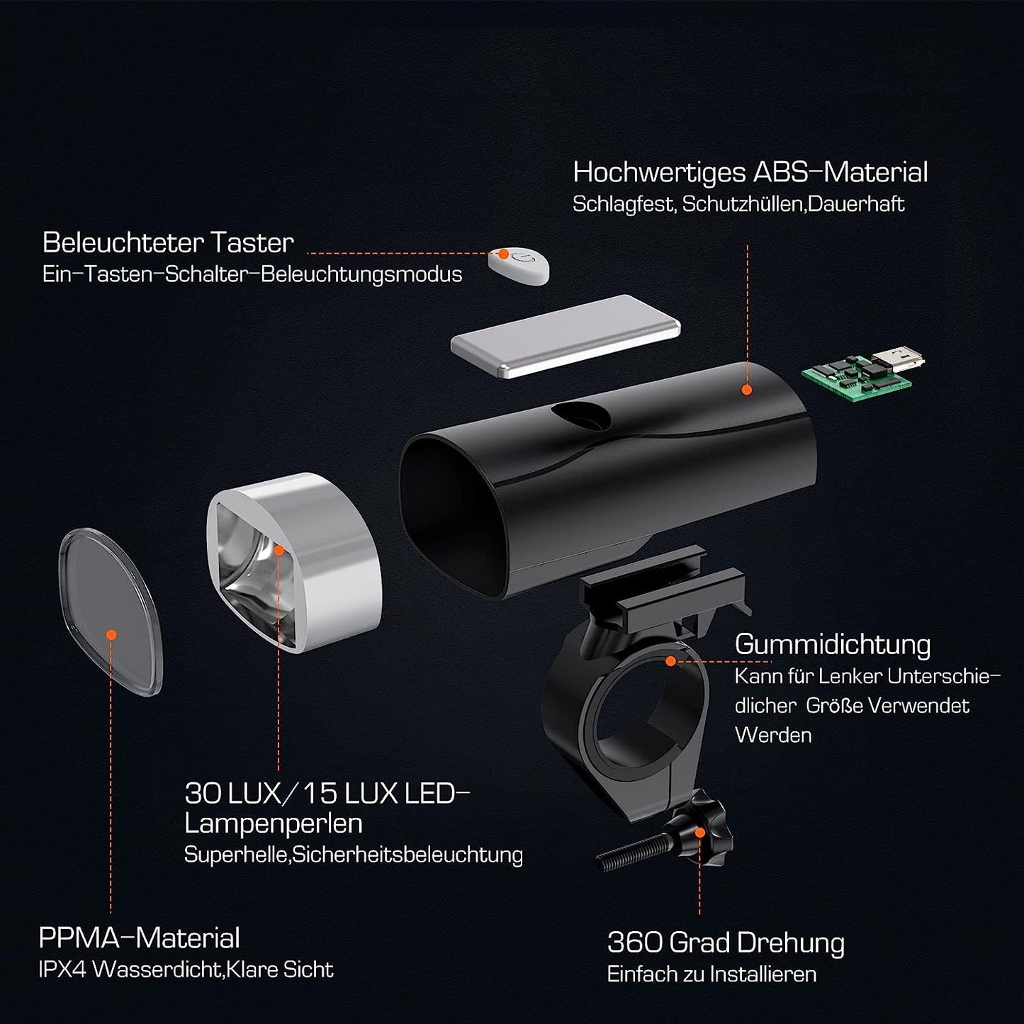 LED-Fahrradbeleuchtungsset USB wiederaufladbar StVZO 30/15 Lux synthetisches Frontlicht