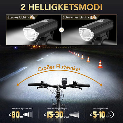 LED-Fahrradlicht-Set, USB wiederaufladbar, StVZO 30/15 Lux, Metall-Frontlicht