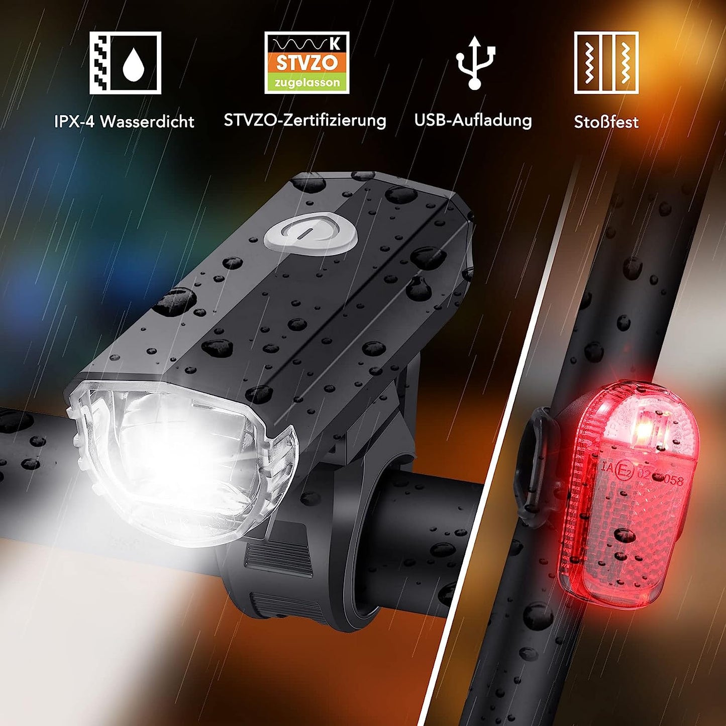 LED-Fahrradlicht-Set, USB wiederaufladbar, StVZO 30/15 Lux, Metall-Frontlicht