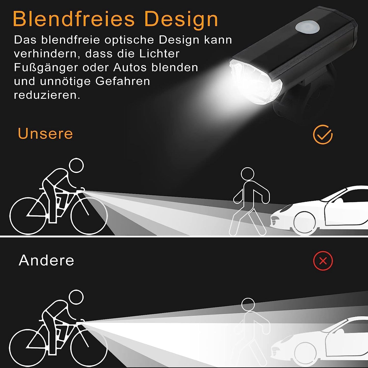 LED-Fahrradlicht-Set, USB wiederaufladbar, StVZO 30/15 Lux, Metall-Frontlicht