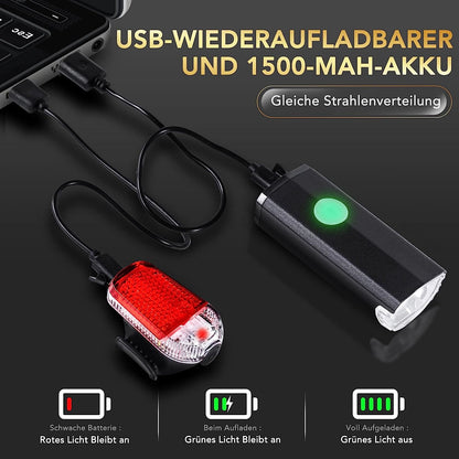 LED-Fahrradlicht-Set, USB wiederaufladbar, StVZO 30/15 Lux, Metall-Frontlicht