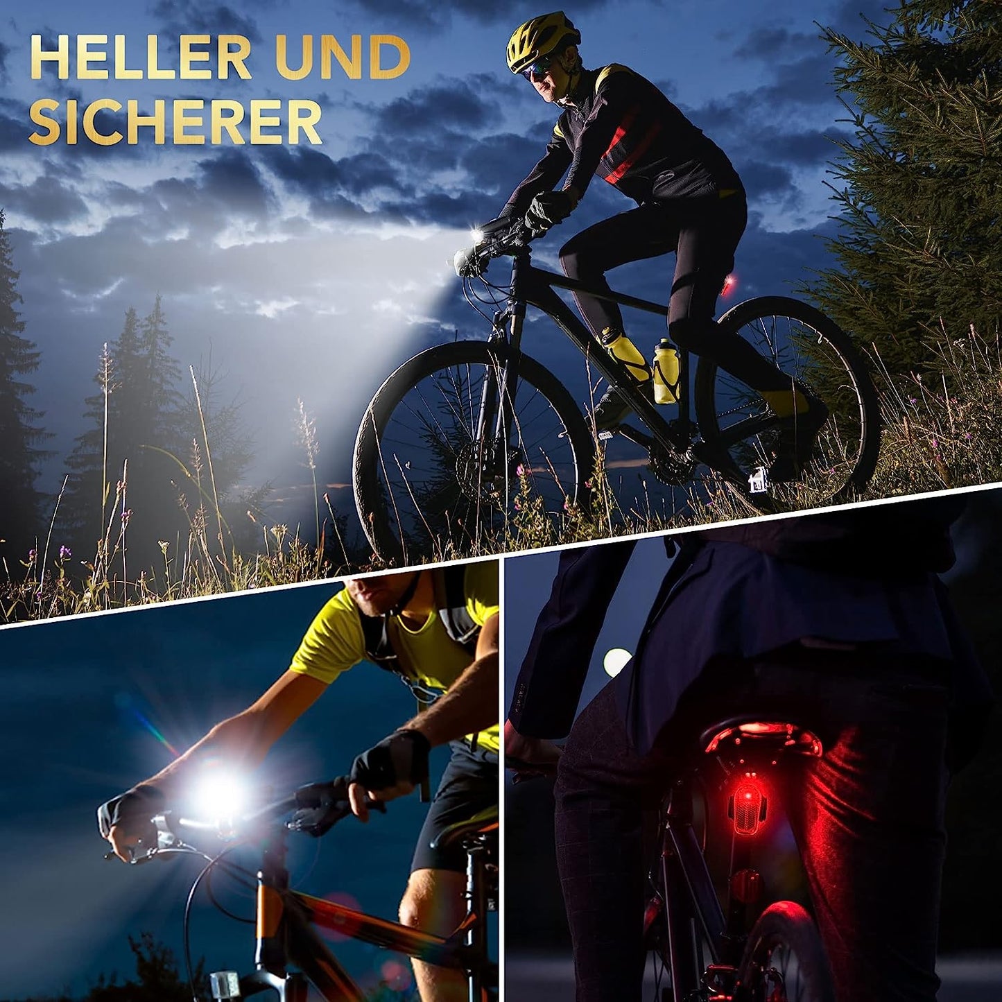 LED-Fahrradlicht-Set, USB wiederaufladbar, StVZO 30/15 Lux, Metall-Frontlicht