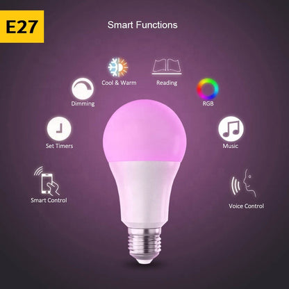 Smart Bulb E27 Lamp 9W LED Lights WiFi App Music Alexa RGB White Dimmable