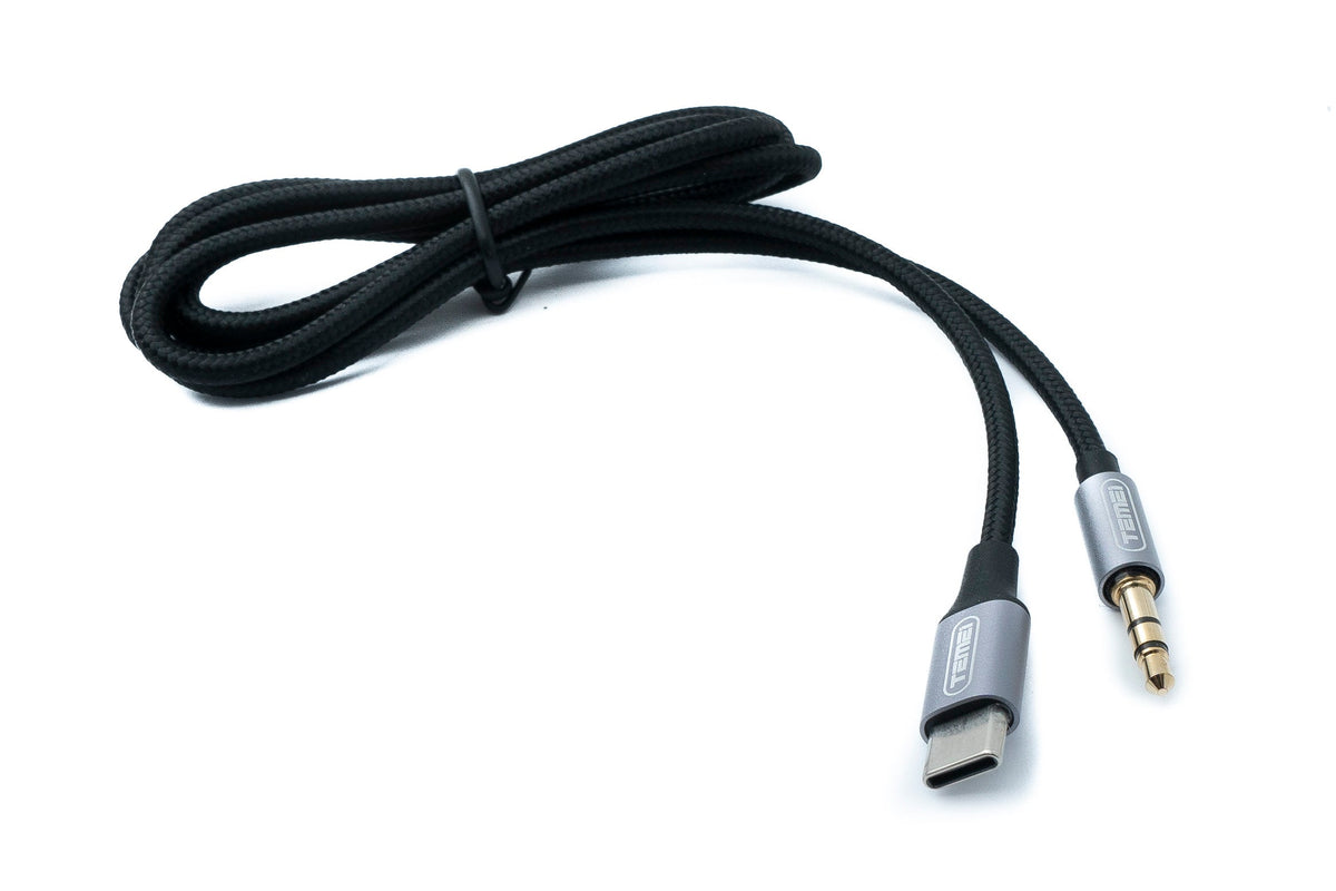 Audio USB Kabel 100 cm 3,5 mm Klinke Stecker zu 3.1 Typ C Stecker AUX geflochten Schwarz | System-S
