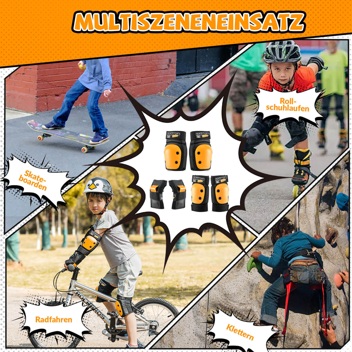 ROCKBROS Kinder Knieschoner 6-in-1 Komfort Schoner Set Protektoren Fahrrad Sport