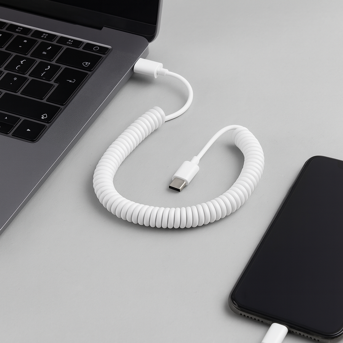 System-S Spiralkabel USB-C auf USB-A (USB 2.0-kompatibel), 100–200 cm, Weiß - DREIKS