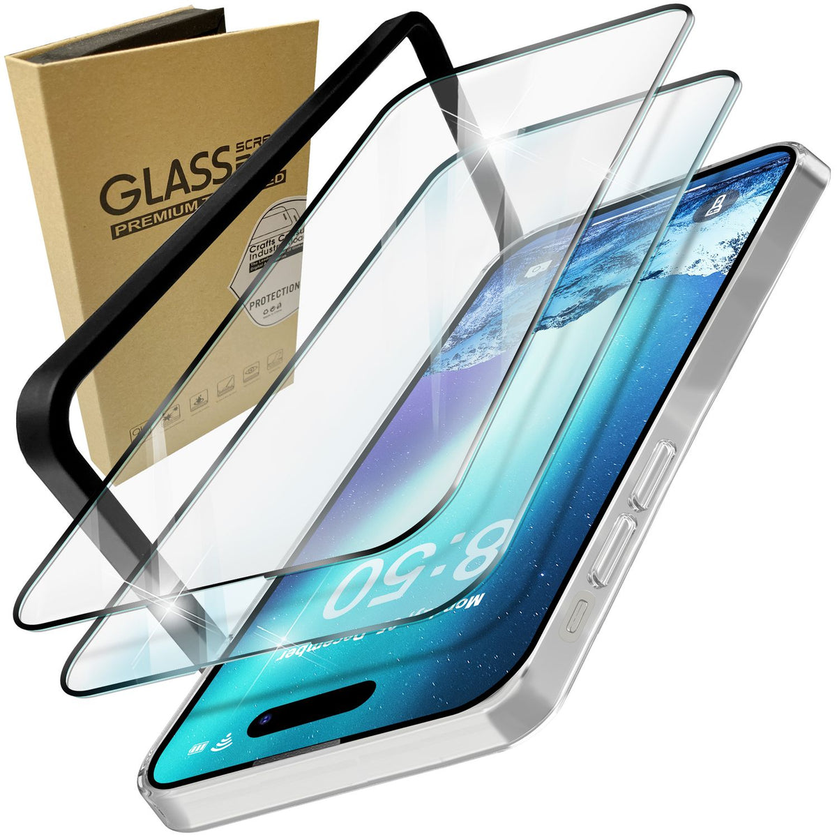 NALIA 2x Schutzglas & 1x Schablone - Set kompatibel mit iPhone 15 Pro Glas, 9H Full-Screen Glasfolie [Case-Friendly], Applikator, einfache Installation, Transparenter Displayschutz mit schwarzem Rand