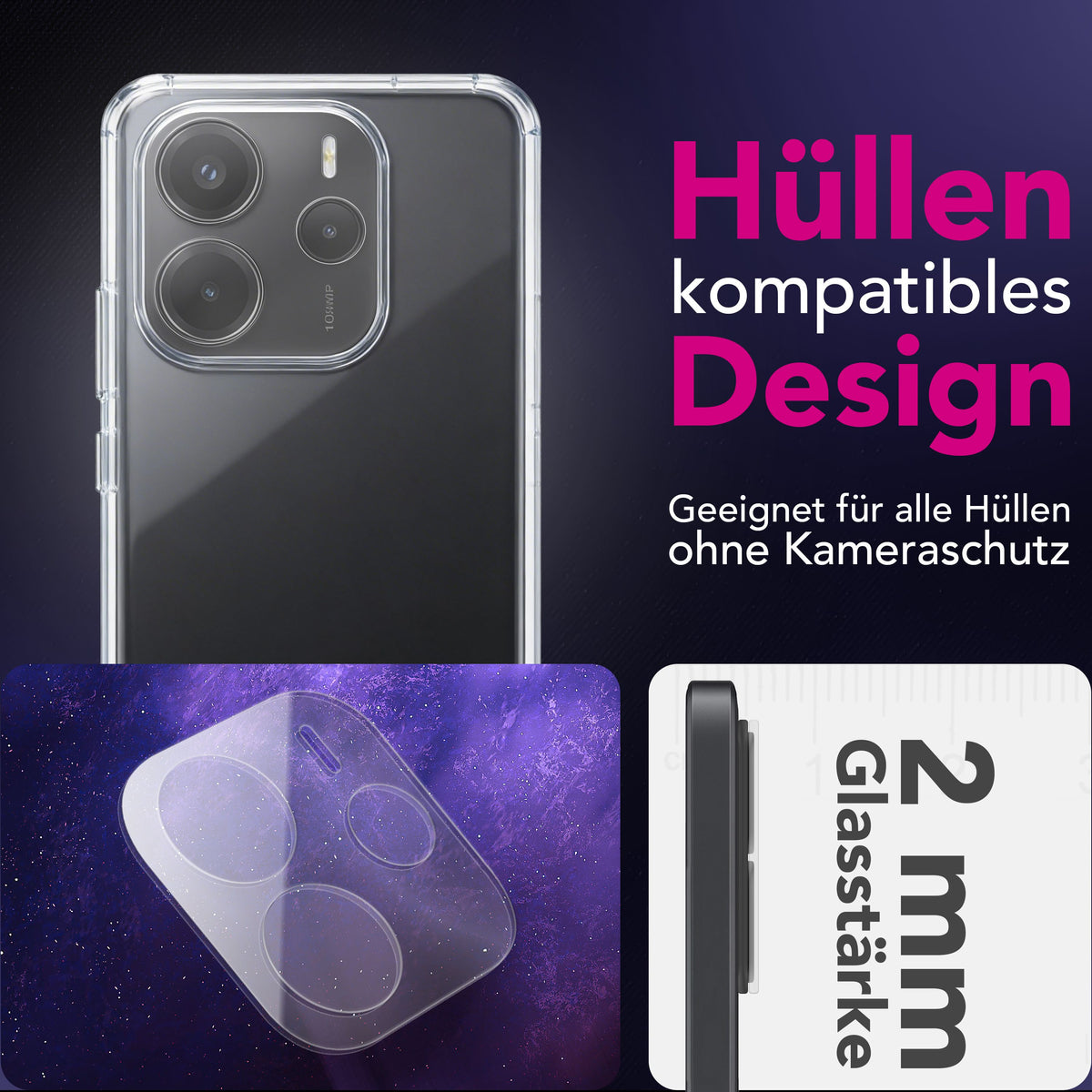 NALIA 2x Kameraschutzglas für Xiaomi Redmi Note 14 5G – Linsenschutz 9H & Case-Friendly – FOCUS.X2 MAX (HD-Echtglas Transparent) – Marke aus Berlin