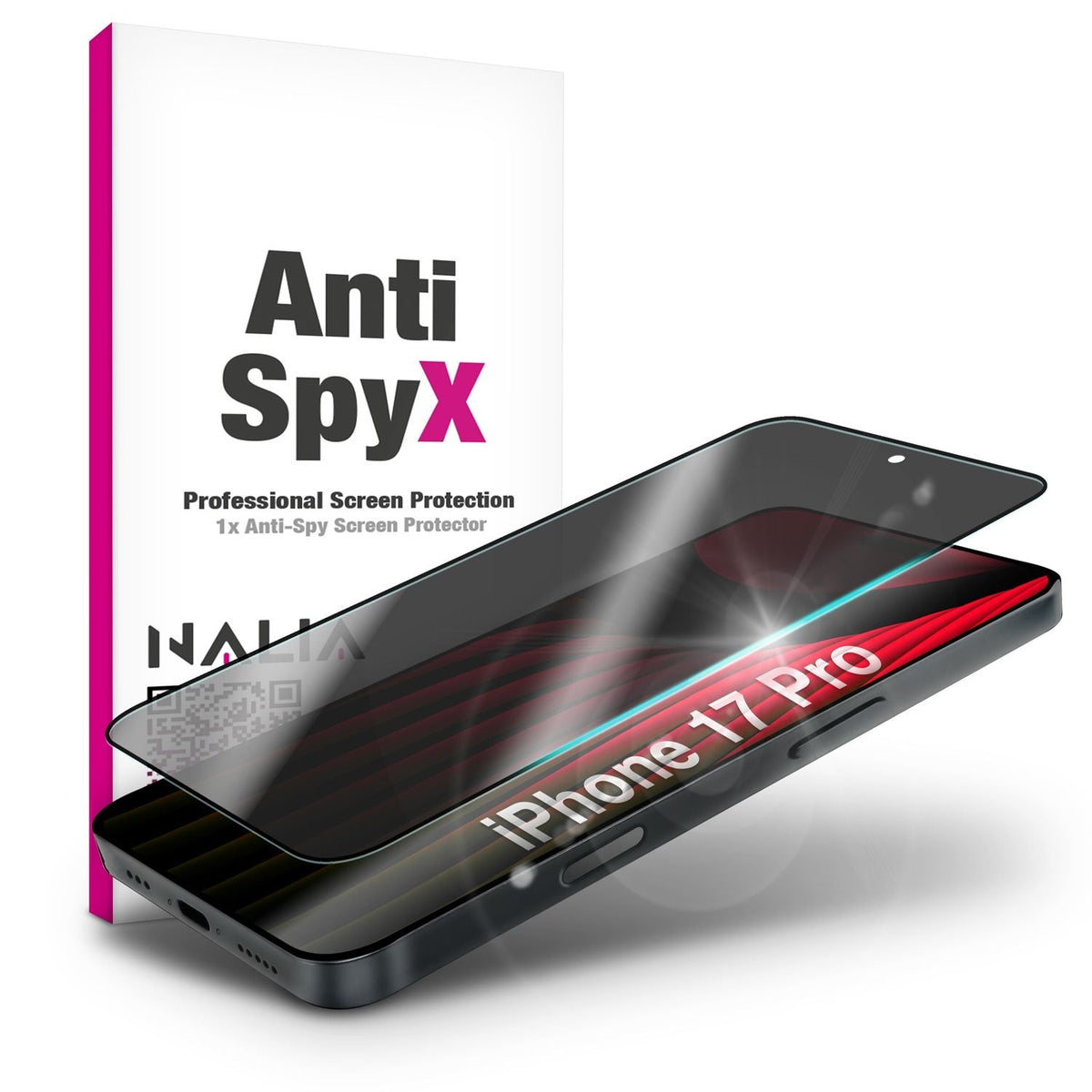 NALIA AntiSpyX passend für Apple iPhone 18 Pro / 17 Pro Glas (Diskreter Blickschutz), Privacy Schutzglas mit 9H Härte, Anti-Spy Sichtschutz, Robust, Touch-sensitiv, Blasenfrei, Oleophob, Hüllen-freundlich