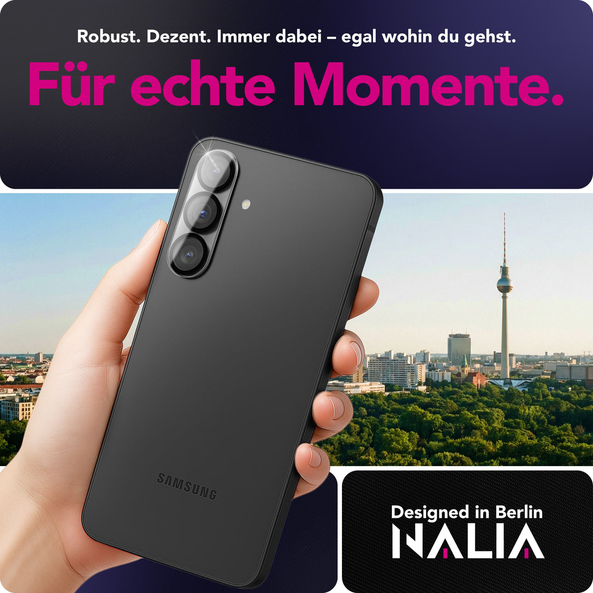 NALIA 2x Kameraschutzglas für Samsung Galaxy S26 Plus – Linsenschutz 9H & Case-Friendly – FOCUS.X2 MAX (HD-Echtglas Transparent) – Marke aus Berlin