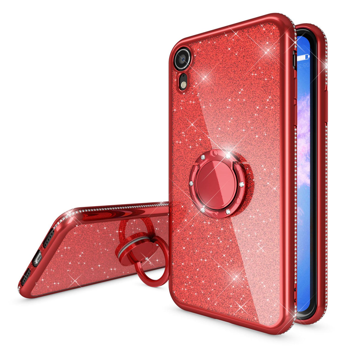 NALIA Ring Hülle kompatibel mit Apple iPhone XR, Glitzer Handyhülle Ultra-Slim Silikon Case Back-Cover mit 360-Grad Fingerhalterung, Schutzhülle Glitter Handy-Tasche Bumper Etui Skin
