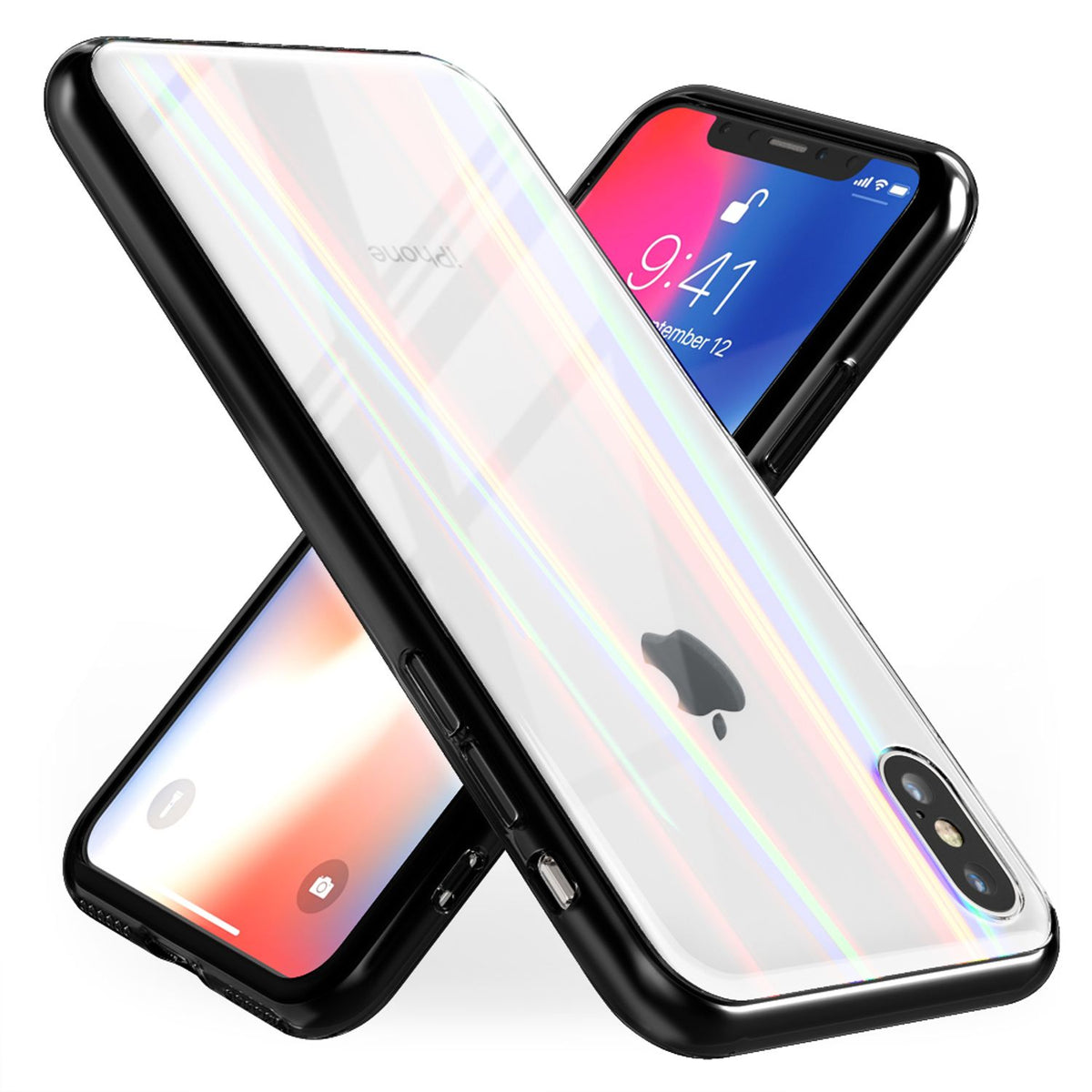 NALIA Hartglas Hülle kompatibel mit iPhone X / XS, Transparentes Regenbogen Hardcase aus Tempered Glass mit Silikon Bumper, bunt glänzende stoßfeste & kratzfeste Handyhülle