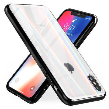 NALIA Hartglas Hülle kompatibel mit iPhone X / XS, Transparentes Regenbogen Hardcase aus Tempered Glass mit Silikon Bumper, bunt glänzende stoßfeste & kratzfeste Handyhülle