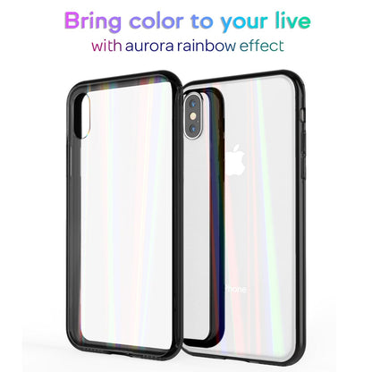 NALIA Hartglas Hülle kompatibel mit iPhone X / XS, Transparentes Regenbogen Hardcase aus Tempered Glass mit Silikon Bumper, bunt glänzende stoßfeste & kratzfeste Handyhülle