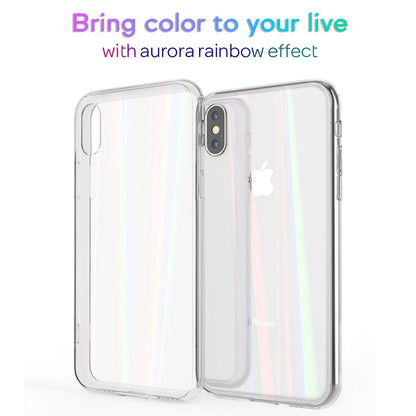 NALIA Hartglas Hülle kompatibel mit iPhone X / XS, Transparentes Regenbogen Hardcase aus Tempered Glass mit Silikon Bumper, bunt glänzende stoßfeste & kratzfeste Handyhülle
