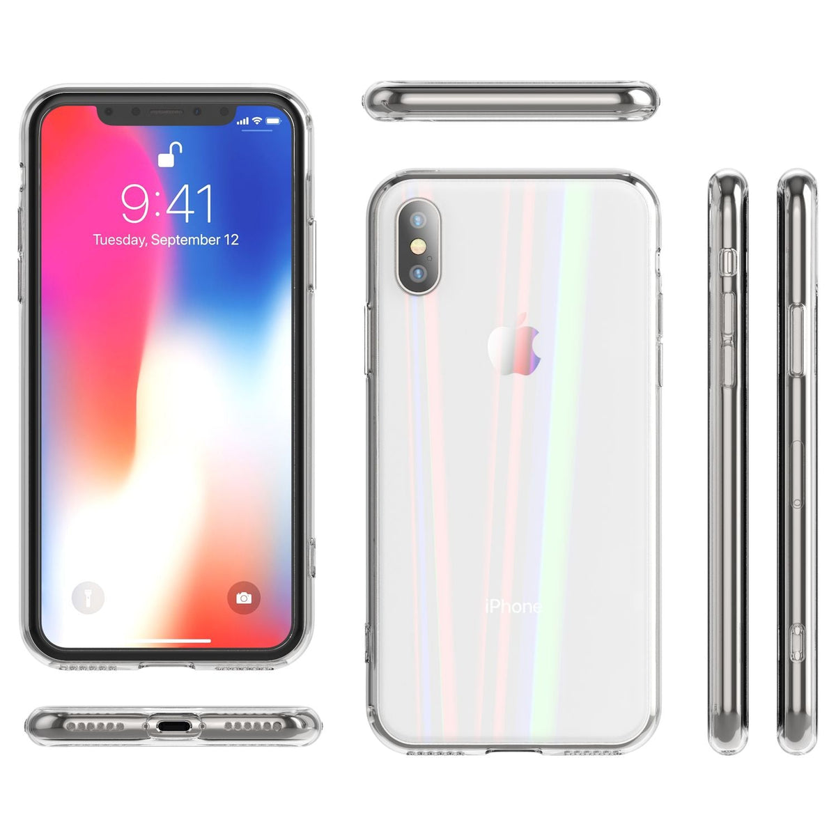 NALIA Hartglas Hülle kompatibel mit iPhone X / XS, Transparentes Regenbogen Hardcase aus Tempered Glass mit Silikon Bumper, bunt glänzende stoßfeste & kratzfeste Handyhülle