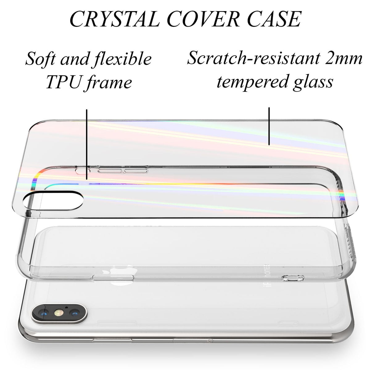 NALIA Hartglas Hülle kompatibel mit iPhone X / XS, Transparentes Regenbogen Hardcase aus Tempered Glass mit Silikon Bumper, bunt glänzende stoßfeste & kratzfeste Handyhülle