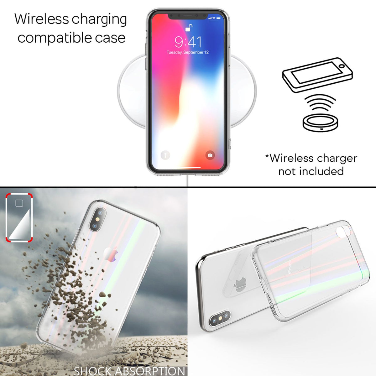 NALIA Hartglas Hülle kompatibel mit iPhone X / XS, Transparentes Regenbogen Hardcase aus Tempered Glass mit Silikon Bumper, bunt glänzende stoßfeste & kratzfeste Handyhülle
