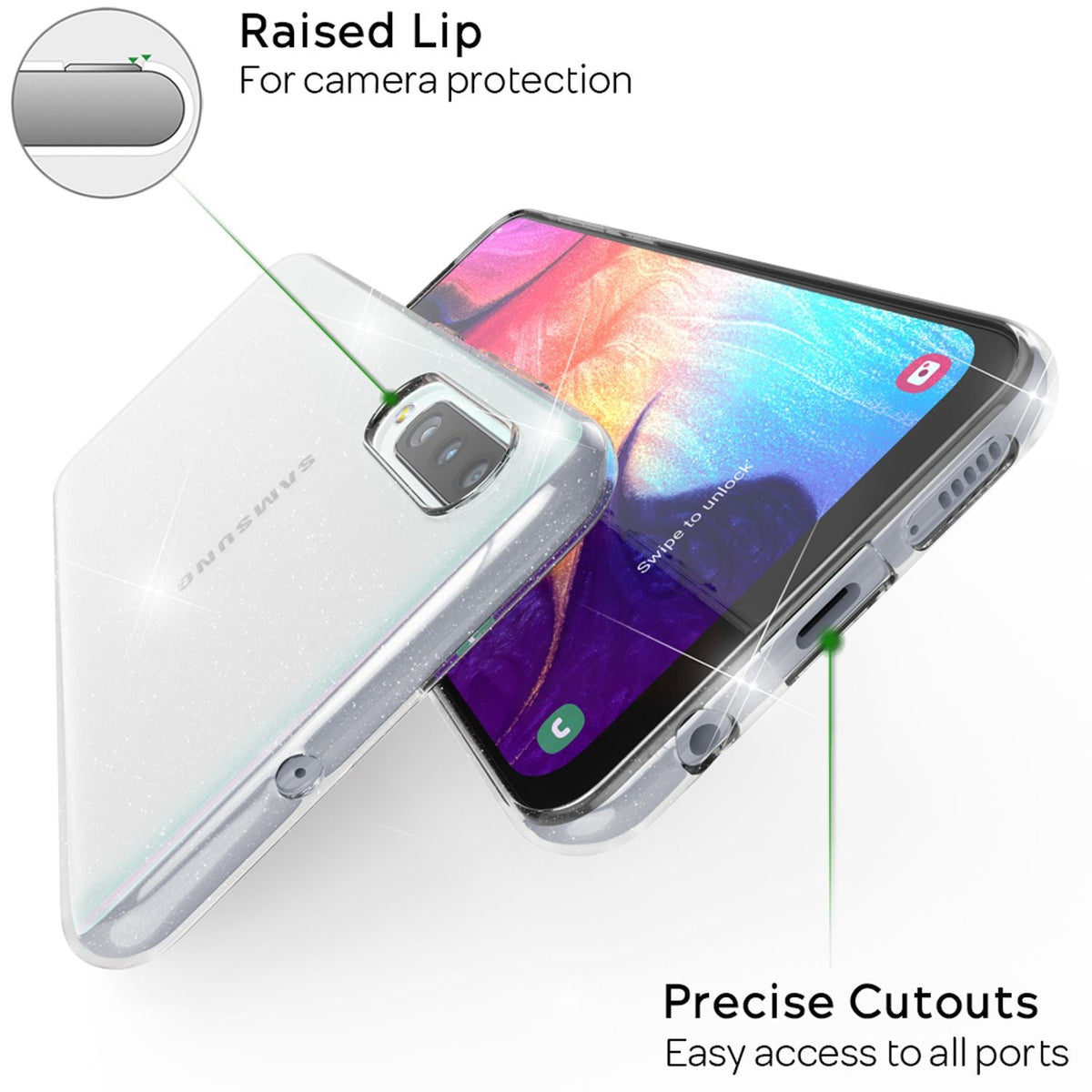 NALIA Glitzerhülle für Samsung Galaxy A70 – Funkelndes Silikon Case – DAZZLIN (Transparent & Stoßfest) – Marke aus Berlin