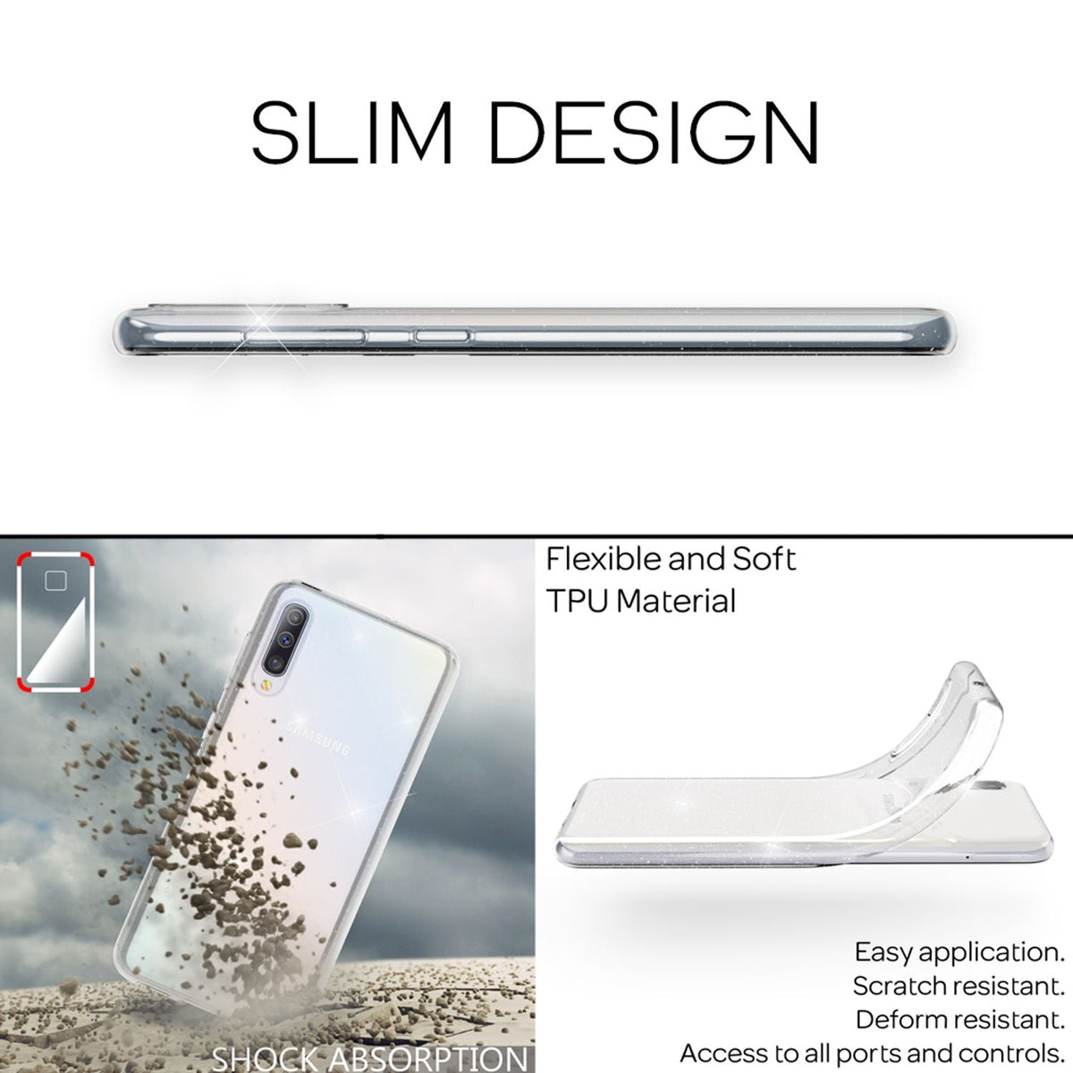 NALIA Glitzerhülle für Samsung Galaxy A70 – Funkelndes Silikon Case – DAZZLIN (Transparent & Stoßfest) – Marke aus Berlin