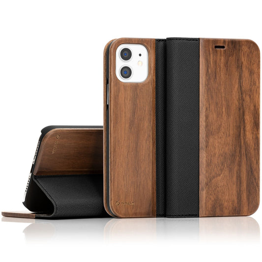 NALIA Echt-Holz Flipcase kompatibel mit iPhone 11 Hülle, Premium Wood Etui Handyhülle mit Klappe, Handy-Tasche Phone Case Cover Schutzhülle Flipcover Klapphülle, Rundum Wallet Schutz Bumper - Walnuss