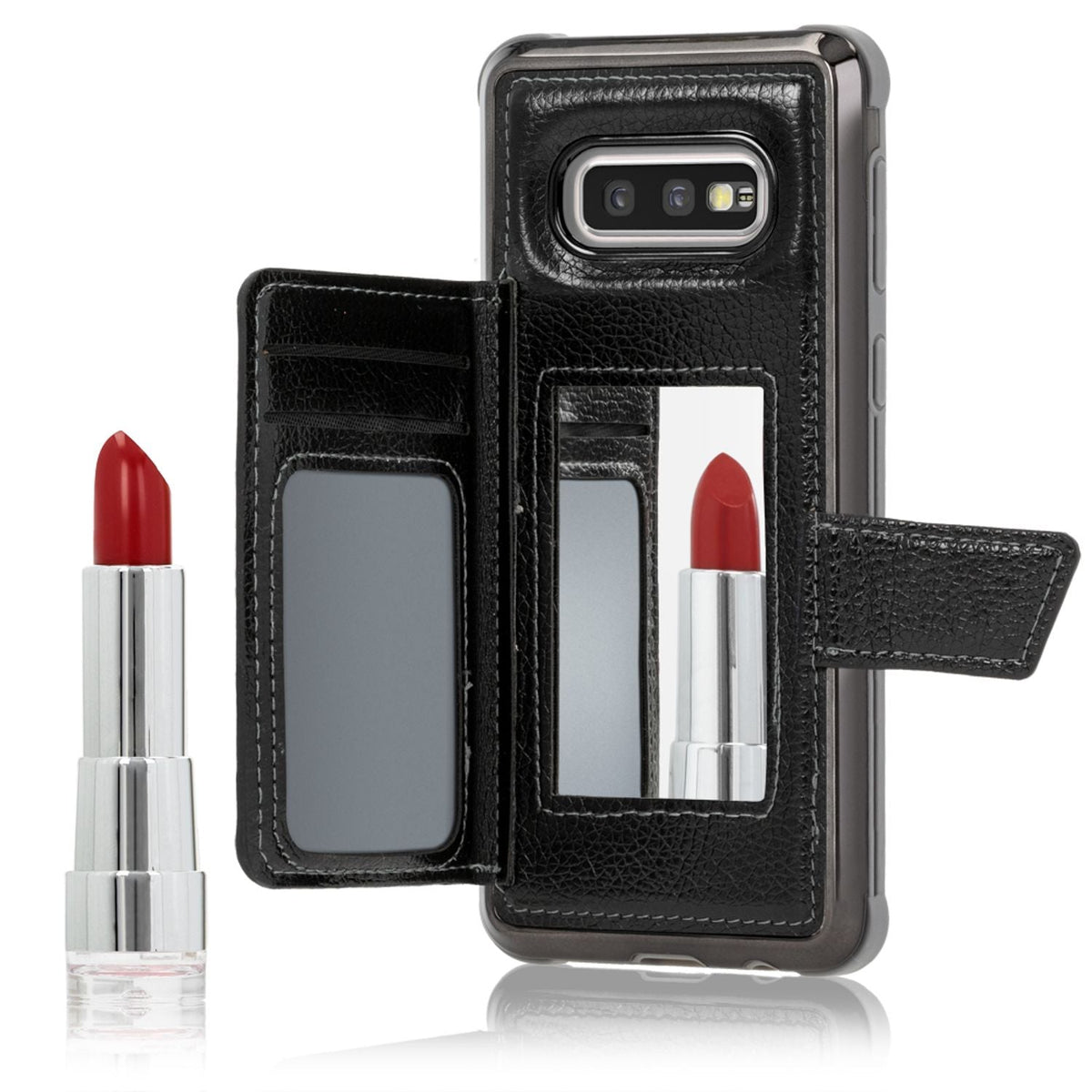 NALIA Schutzhülle kompatibel mit Samsung Galaxy S10e Hülle, Case mit Spiegel & Kartenfächern & Magnet-Verschluss, Glänzendes Kunst-Leder Etui Handy-Tasche Mirror Hard-Cover Handyhülle