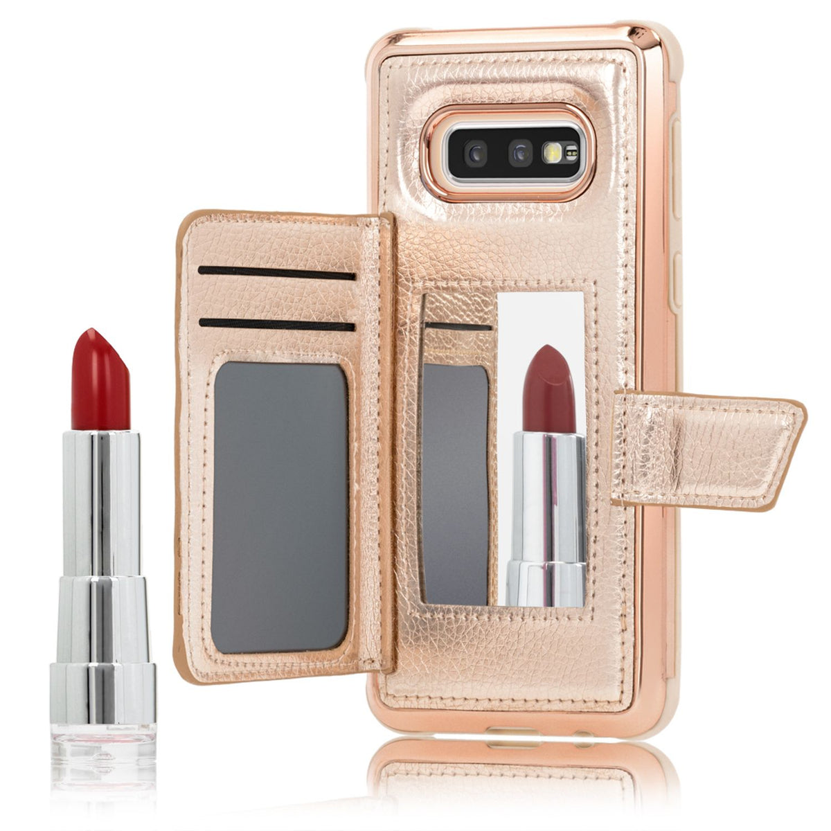 NALIA Schutzhülle kompatibel mit Samsung Galaxy S10e Hülle, Case mit Spiegel & Kartenfächern & Magnet-Verschluss, Glänzendes Kunst-Leder Etui Handy-Tasche Mirror Hard-Cover Handyhülle