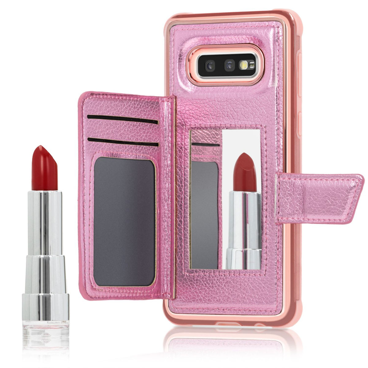 NALIA Schutzhülle kompatibel mit Samsung Galaxy S10e Hülle, Case mit Spiegel & Kartenfächern & Magnet-Verschluss, Glänzendes Kunst-Leder Etui Handy-Tasche Mirror Hard-Cover Handyhülle