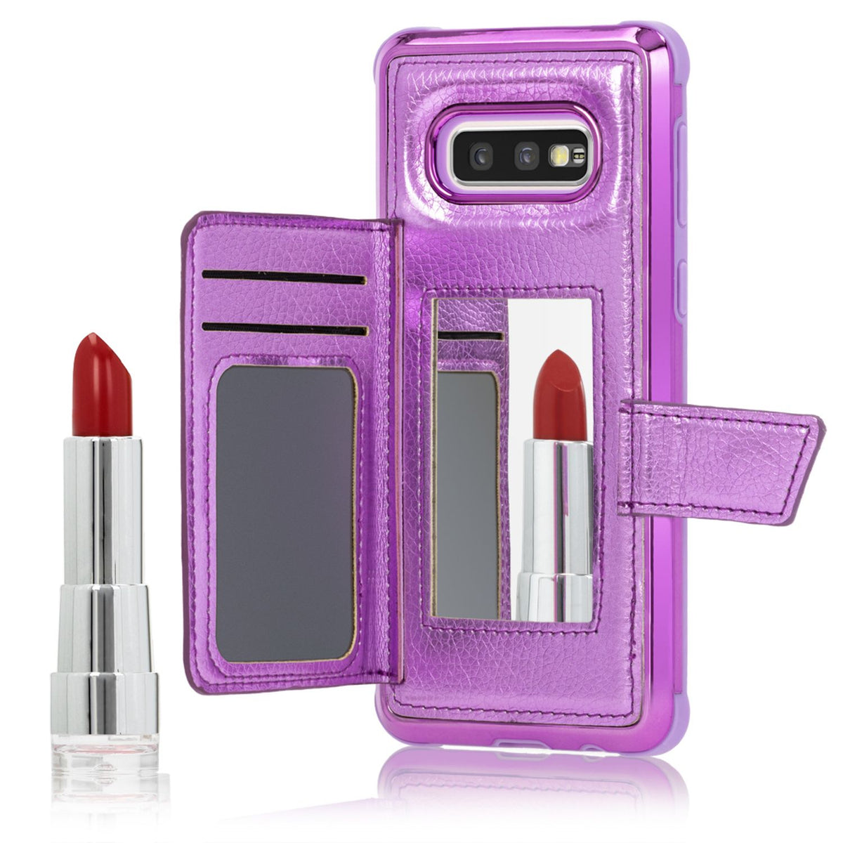 NALIA Schutzhülle kompatibel mit Samsung Galaxy S10e Hülle, Case mit Spiegel & Kartenfächern & Magnet-Verschluss, Glänzendes Kunst-Leder Etui Handy-Tasche Mirror Hard-Cover Handyhülle