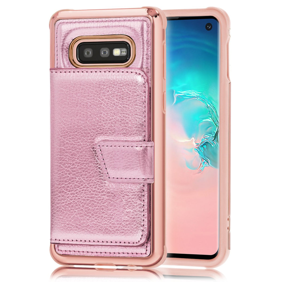 NALIA Schutzhülle kompatibel mit Samsung Galaxy S10e Hülle, Case mit Spiegel & Kartenfächern & Magnet-Verschluss, Glänzendes Kunst-Leder Etui Handy-Tasche Mirror Hard-Cover Handyhülle