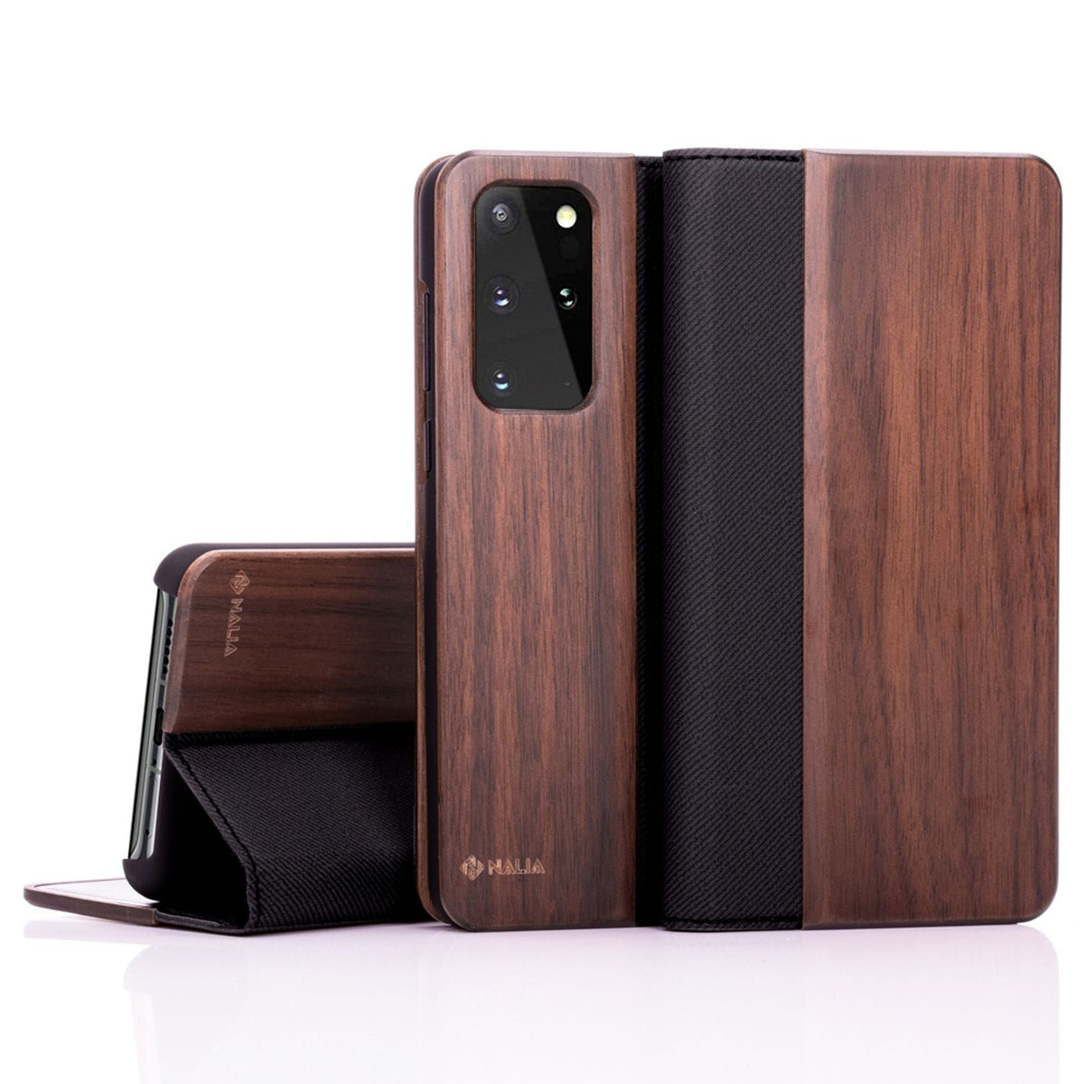 NALIA Echt-Holz Flipcase kompatibel mit Samsung Galaxy S20 Plus Hülle, Premium Wood Etui Handyhülle mit Klappe Handy-Tasche Phone Case Cover Schutzhülle Flipcover Klapphülle Rundum Bumper - Walnuss