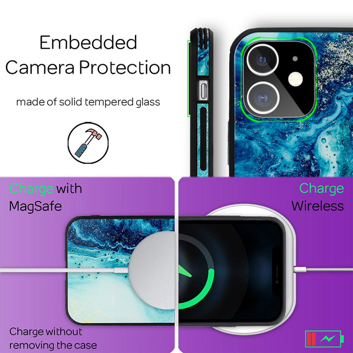 NALIA Hartglas Cover kompatibel mit iPhone 12 Mini Hülle, Marmor Design Hard-Case aus 9H Tempered Glass & Silikon Bumper, Robuste Handyhülle Phone Schutzhülle Handy-Tasche