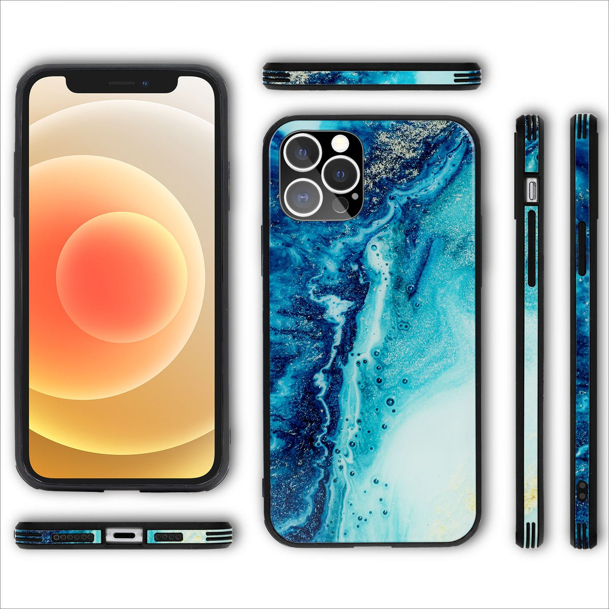 NALIA Marmor Glas Case für iPhone 12 Pro Max – Robustes 9H Echtglas – MARBELLE (Silikon Bumper & Grip) – Marke aus Berlin