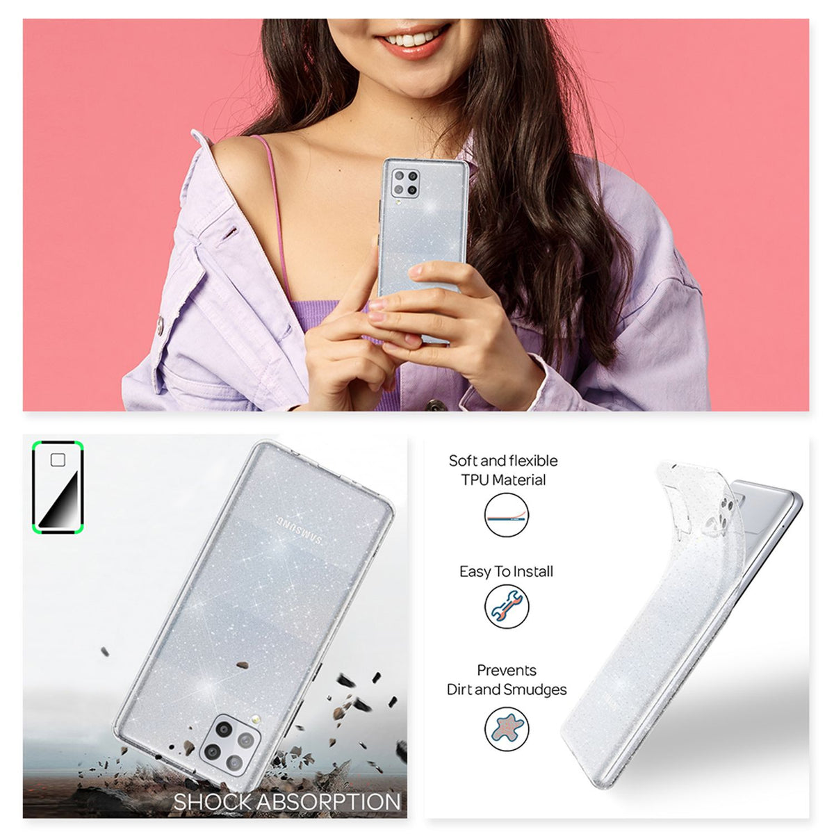 NALIA Glitzerhülle für Samsung Galaxy A42 5G – Funkelndes Silikon Case – DAZZLIN (Transparent & Stoßfest) – Marke aus Berlin