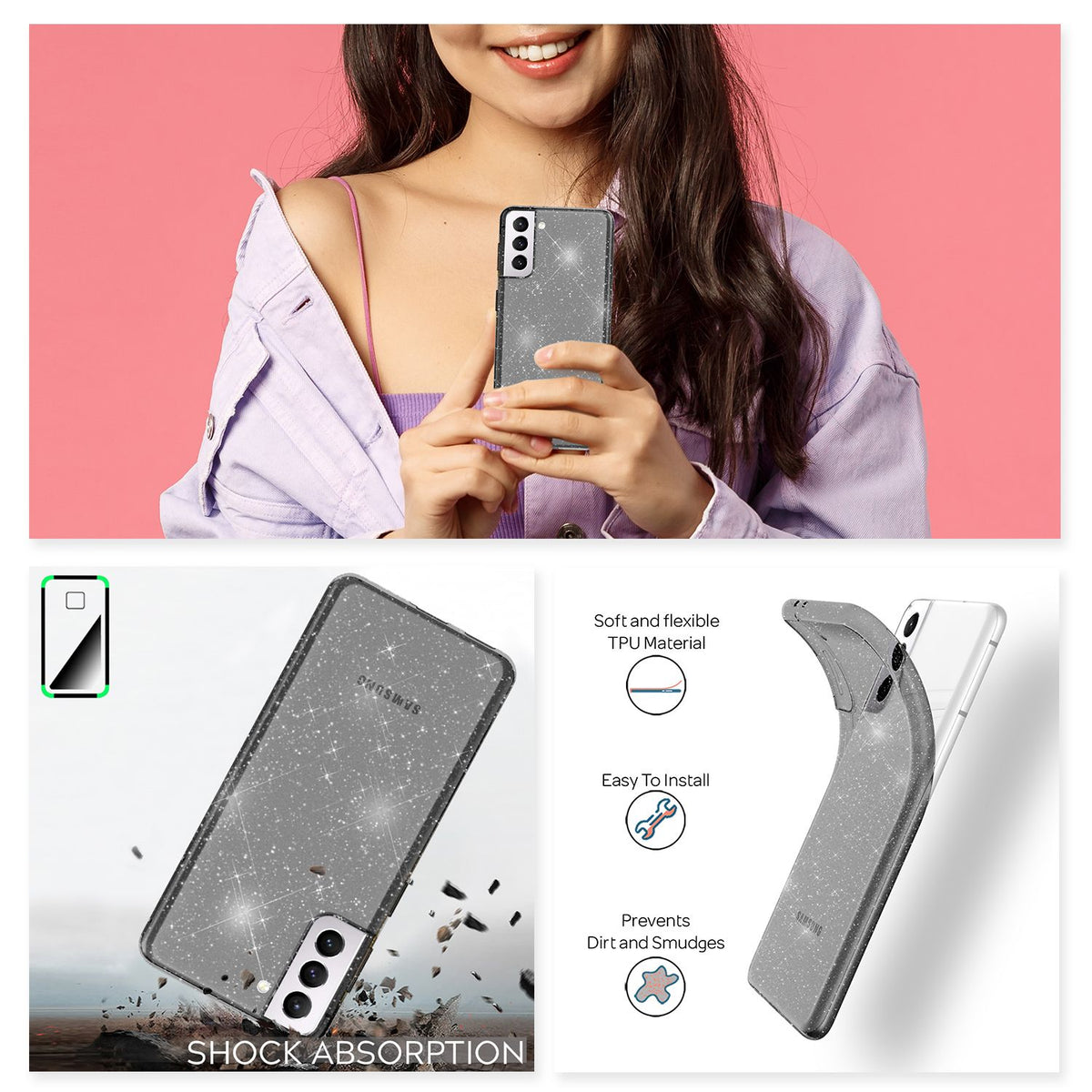 NALIA Glitzerhülle für Samsung Galaxy S21 – Funkelndes Silikon Case – DAZZLIN (Transparent & Stoßfest) – Marke aus Berlin