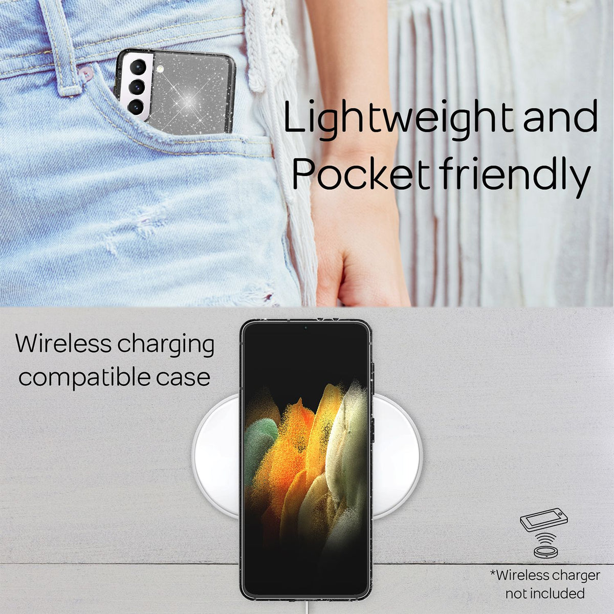 NALIA Glitzerhülle für Samsung Galaxy S21 – Funkelndes Silikon Case – DAZZLIN (Transparent & Stoßfest) – Marke aus Berlin