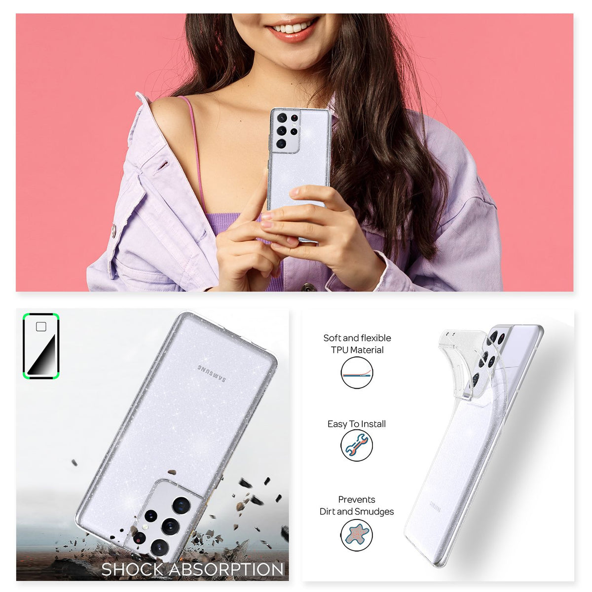 NALIA Glitzerhülle für Samsung Galaxy S21 Ultra – Funkelndes Silikon Case – DAZZLIN (Transparent & Stoßfest) – Marke aus Berlin