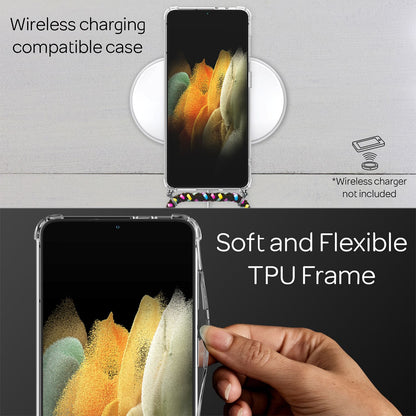 NALIA Handykette für Samsung Galaxy S21 Plus – Transparentes Hybrid-Case & Band – HANGIT (Anti-Gelb Rückseite & Verstellbar) – Marke aus Berlin