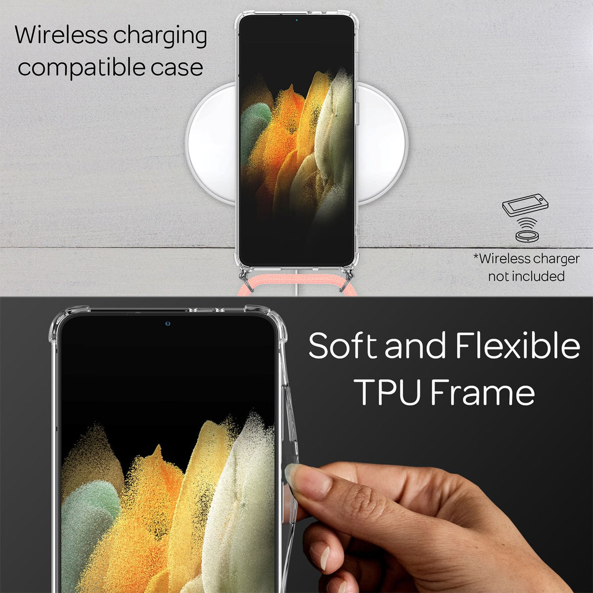 NALIA Handykette für Samsung Galaxy S21 Plus – Transparentes Hybrid-Case & Band – HANGIT (Anti-Gelb Rückseite & Verstellbar) – Marke aus Berlin